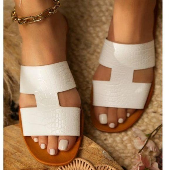 Shoes - White Croc Embossed Slip On Sandals